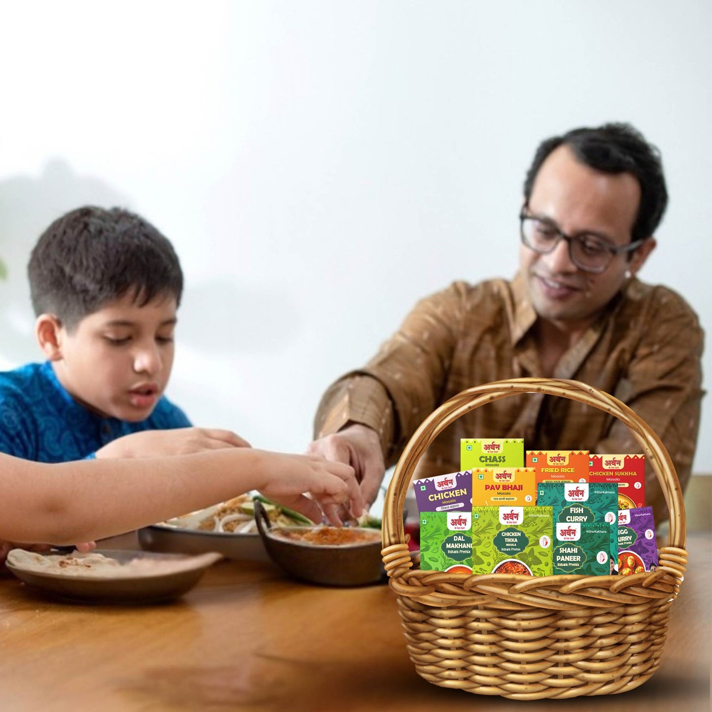 Maharaja Meal Kit – 10-in-1 Exquisite Indian Premixes & Spices" Premixes: Chicken Tikka Masala, Dal Makhni, Shahi Paneer, Fish Curry, Egg Curry Spices: Chicken Masala, Pav Bhaji Masala, Fried Rice Masala, Chicken Sukha Masala, Chaas Masala
