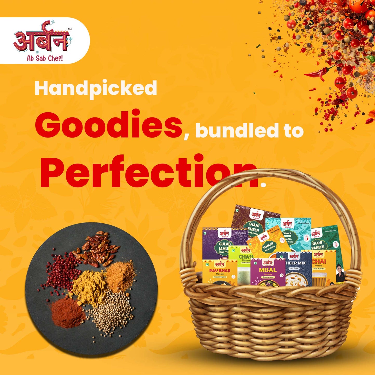 Veg Delight Kit – 10-in-1 Premix & Spice Combo | Shahi Paneer, Gulab Jamun, Chole, Sambar, Shahi Kheer, Pav Bhaji, Misal, , Chai & Chass Masala"